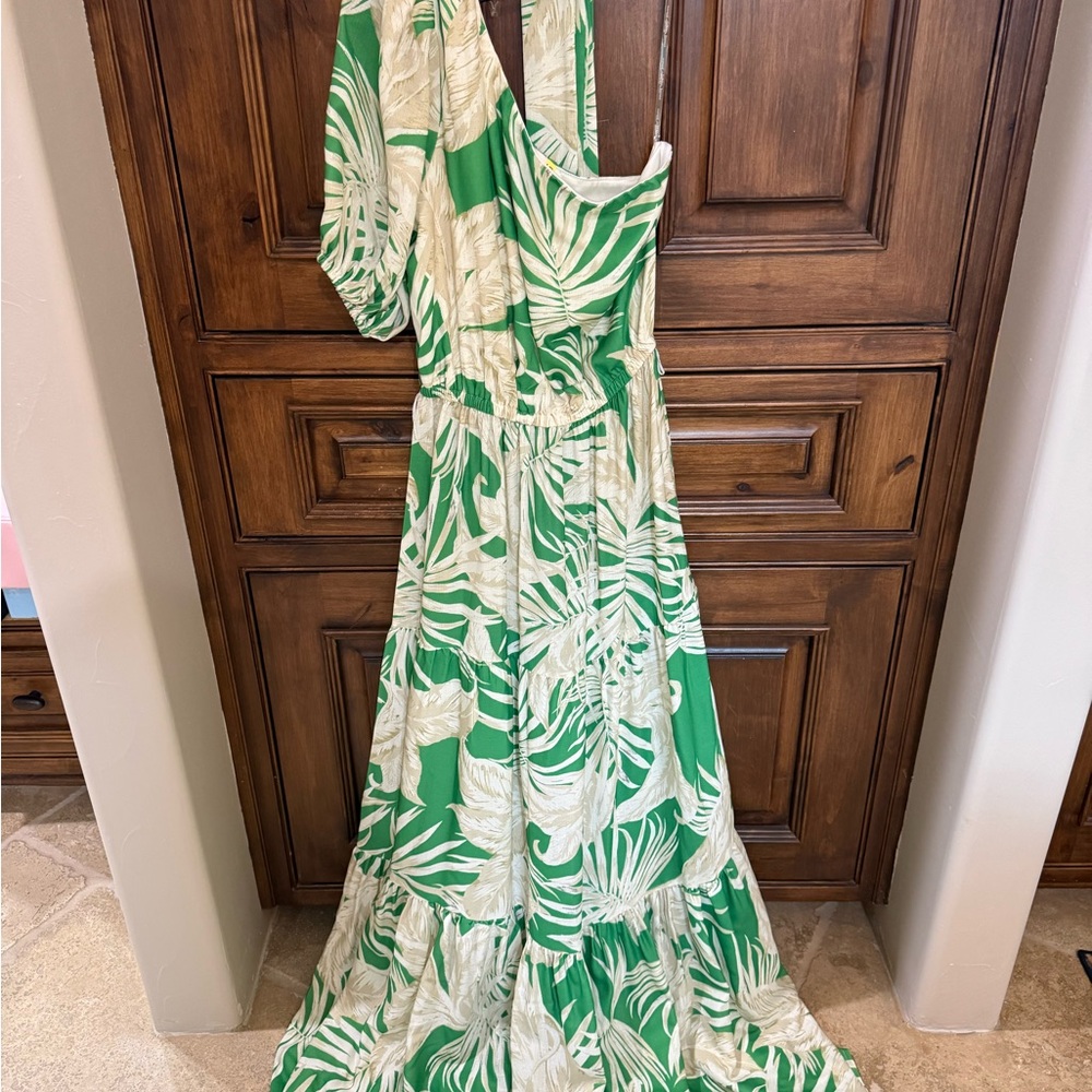 Flying Tomato One Shoulder Green and Cream Maxi Dress